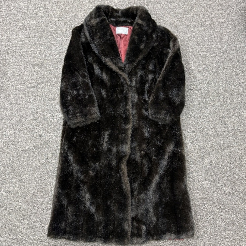 Jordache Faux Fur Coat Womens Brown Longline Vintage Made in USA Shawl Collar